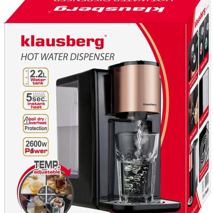 Klausberg KB7879 Hot Water Dispenser – 2,2 Liter – Temperatuurregeling (45-100°C) – Zwart & Rose Gold – 2600W - Heetwaterdispenser