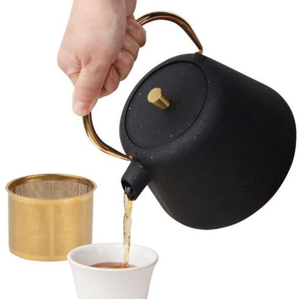 Kinghoff Gietijzeren Theepot met Zeef - 1 Liter - Zwart met Gouden Accenten - Model KH1932