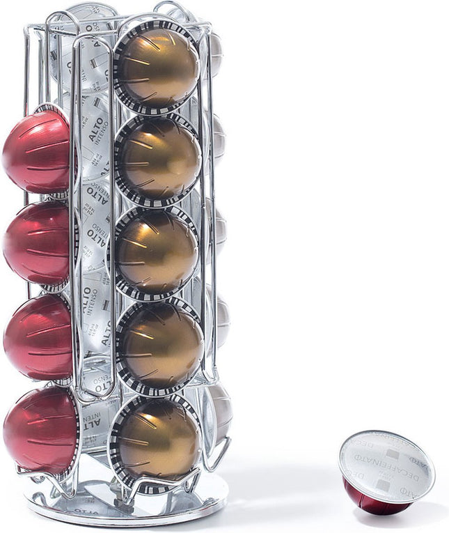 Koffie cup/capsule houder/dispenser zilver roterend 20 cups - Koffiecups houder/standaard - Metalen Nespresso cuphouder