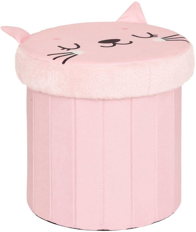 Atmosphera Kat Opvouwbare Poef - Opberger - Ø30xH38cm - Roze