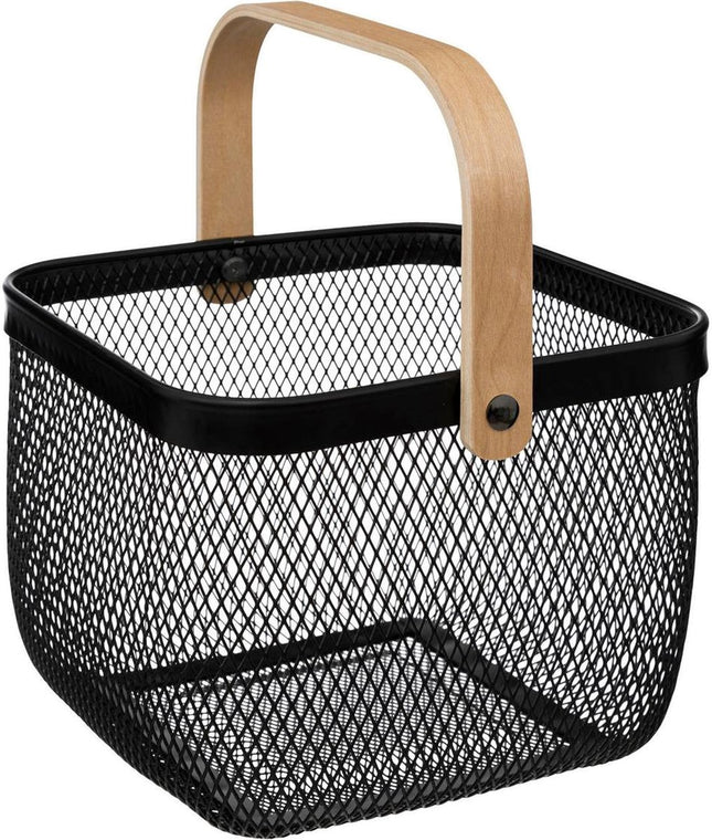 5Five draadmand/fruitschaal Maya - vierkant - zwart - 26 x 26 x 18 cm - metaal/hout - keuken mand