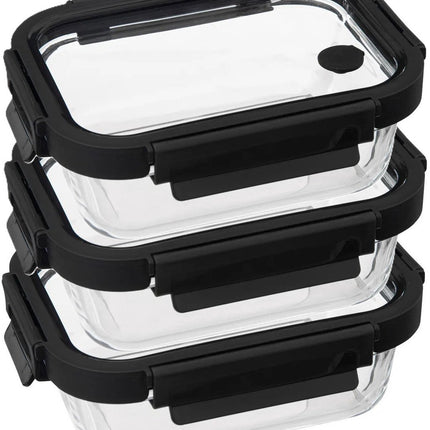 5Five Vershoudbakje met deksel - 3x - glas - luchtdicht - met clips - 19 x 14 x 7 cm - 500 ml - zwart/transparant