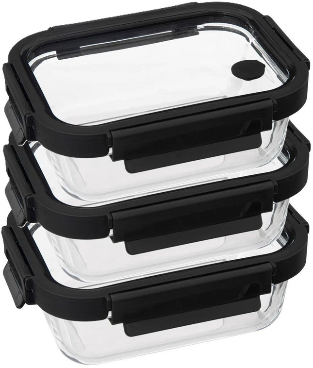 5Five Vershoudbakje met deksel - 3x - glas - luchtdicht - met clips - 19 x 14 x 7 cm - 500 ml - zwart/transparant
