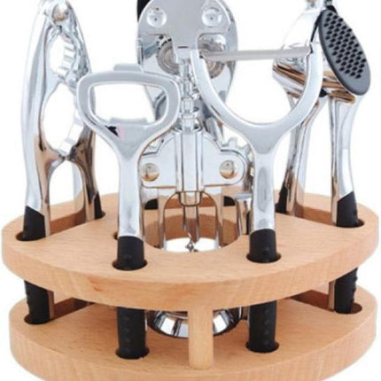 Cadeautip - KINGHOFF LUXE keukengereiset 7 delig - dunschiller, notenkraker, wijnopener, flesopener, blikopener, knoflookpers, houten standaard - vaatwasserbestendig.