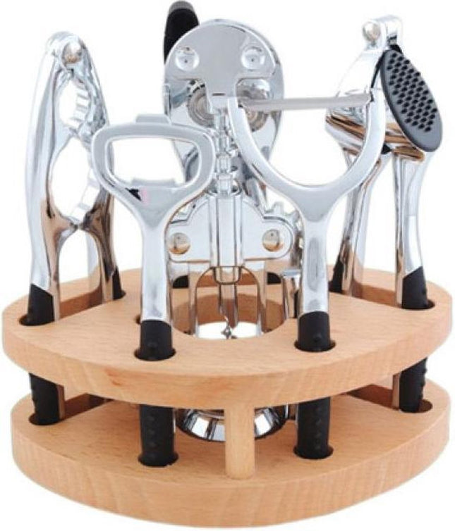 Cadeautip - KINGHOFF LUXE keukengereiset 7 delig - dunschiller, notenkraker, wijnopener, flesopener, blikopener, knoflookpers, houten standaard - vaatwasserbestendig.