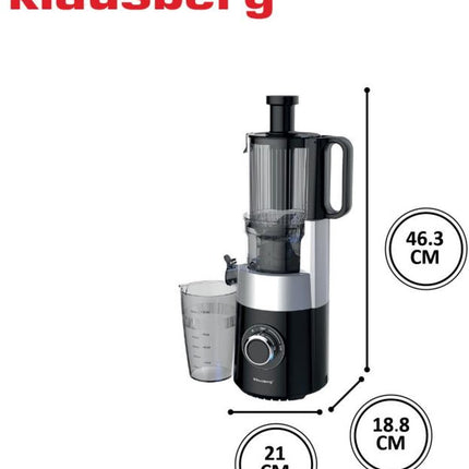 Klausberg KB-7871 Slowjuicer – Cold Press - Stille verticale juicer sapcentrifuge met brede vulopening – Fruitpers - Zwart/Zilver