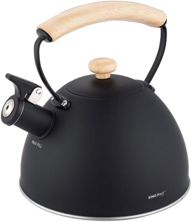 KINGHoff Fluitketel 2.5 Liter – RVS – Inductie Geschikt – Mat Zwart met Houten Handgreep – Minimalistisch Ontwerp – KH-1999