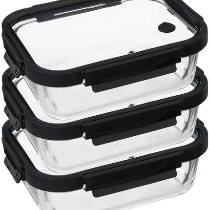 5Five Vershoudbakje met deksel - 3x - glas - luchtdicht - met clips - 23 x 18 x 8 cm - 1300 ml - zwart/transparant