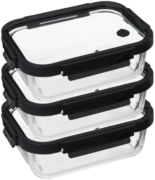 5Five Vershoudbakje met deksel - 3x - glas - luchtdicht - met clips - 23 x 18 x 8 cm - 1300 ml - zwart/transparant