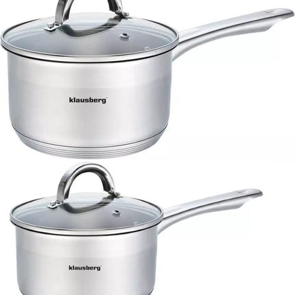 2 x steelpan / sauspan - steelpan met glazen deksel - Ø14 en Ø18 cm - RVS - 1 liter en 2,1 liter