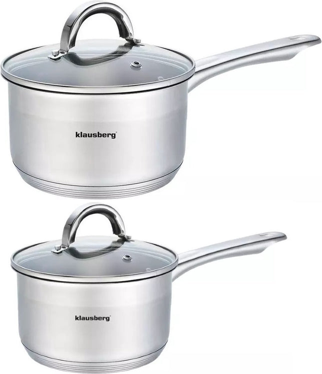 2 x steelpan / sauspan - steelpan met glazen deksel - Ø14 en Ø18 cm - RVS - 1 liter en 2,1 liter