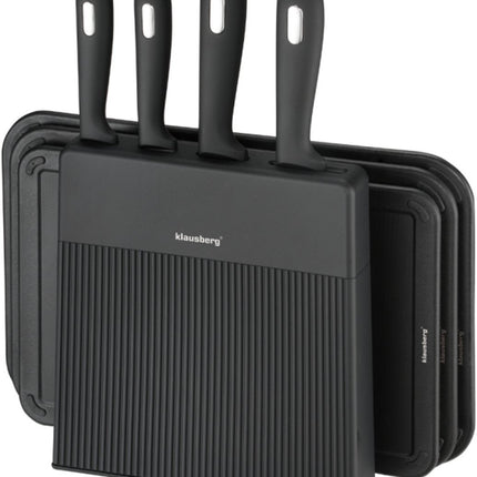 Klausberg KB-7980 8 Delig Keukenset - 4 Messen en 3 Snijplanken met Opbergstandaard - Compleet Snijset Zwart - Messenset - Messenblok - o.a. Koksmes , Vleesmes , 3 snijplanken
