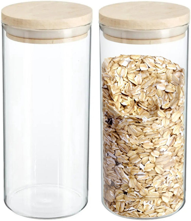 2x stuks voorraadbussen/voorraadpotten 1,3L glas met houten deksel - 1300 ml - Voorraadpotten met luchtdichte deksel