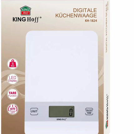 Kinghoff Digitale Keukenweegschaal - Zilver, Weegbereik tot 5 kg, Meeteenheden g/kg/lb/oz/ml/fl.oz, Tare-functie, Nauwkeurigheid 1g, Handhaak, Auto/Handmatig Uitschakelen - Weegschaal Keuken - Precisieweegschaal - Digitaal - Food Kitchen Scale