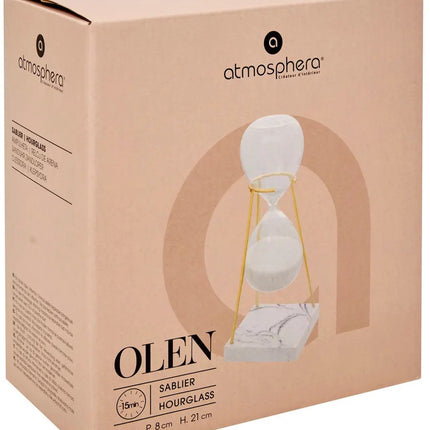 Atmosphera Zandloper cilinder - decoratie of tijdsmeting - 15 minuten - wit zand - D8 x H21 cm - glas - gouden frame