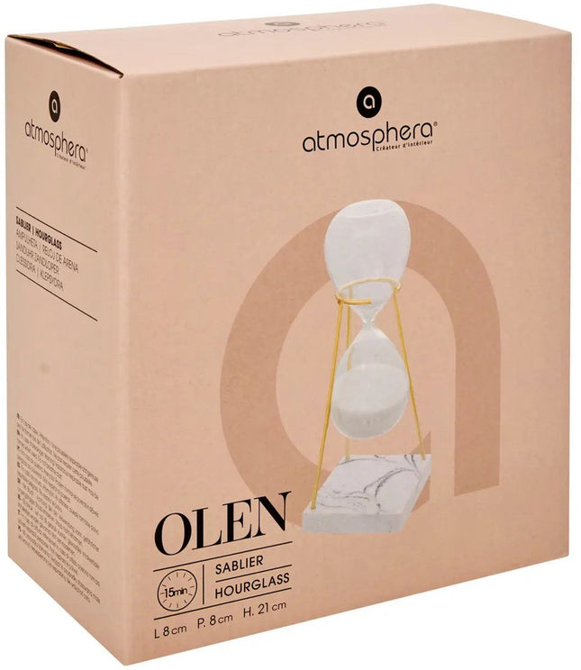 Atmosphera Zandloper cilinder - decoratie of tijdsmeting - 15 minuten - wit zand - D8 x H21 cm - glas - gouden frame