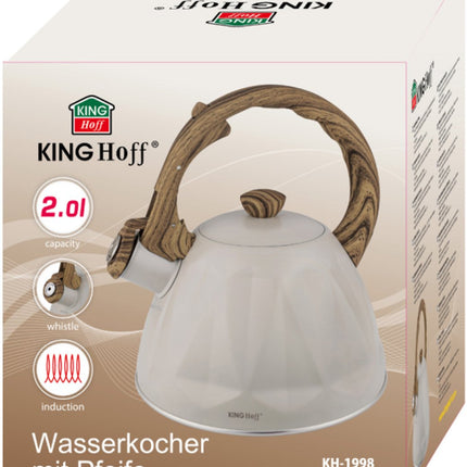 KINGHoff Fluitketel 2 Liter – RVS – Inductie Geschikt – Crème Beige met Houtlook Handgreep – Diamantstructuur – KH-1998