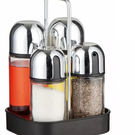 Kinghoff Kruidenstel - 5 Delig, Glas en RVS - Met Drip-Free Dispensers en Stijlvol Plateau - Zout/Peperset - Kruidenrek