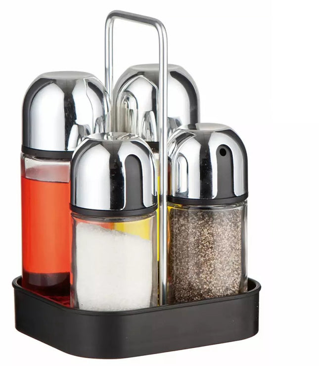 Kinghoff Kruidenstel - 5 Delig, Glas en RVS - Met Drip-Free Dispensers en Stijlvol Plateau - Zout/Peperset - Kruidenrek