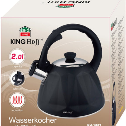 KINGHoff Fluitketel 2 Liter – RVS – Inductie Geschikt – Matte Zwarte Diamantstructuur – Soft-Touch Handgreep – KH-1997