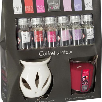 Geurkaars - olie brander + 6 flesjes parfum olie - geurende olie - vanille - roos - jasmijn - framboos - lavendel - rood fruit