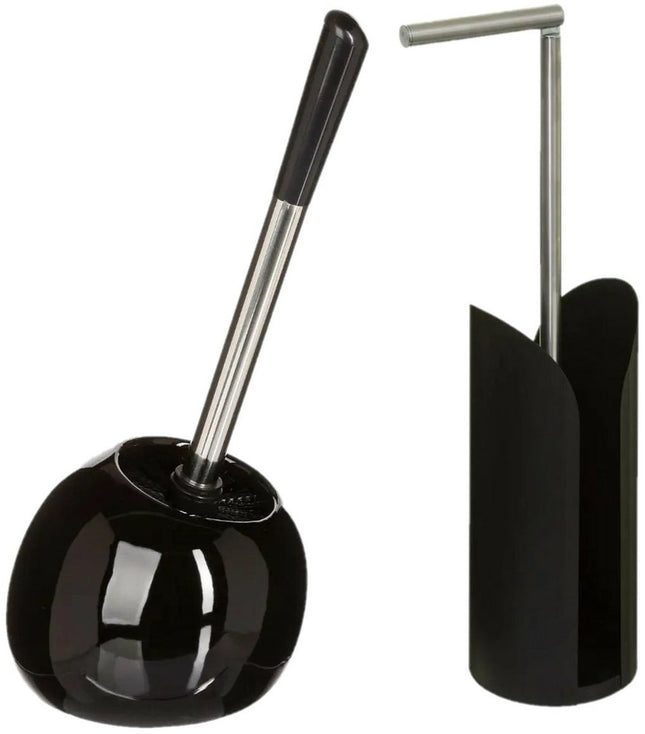 5Five - WC-borstel - toiletborstel - met toiletrolhouder - badkamer set - in het zwart - dolomiet en metaal