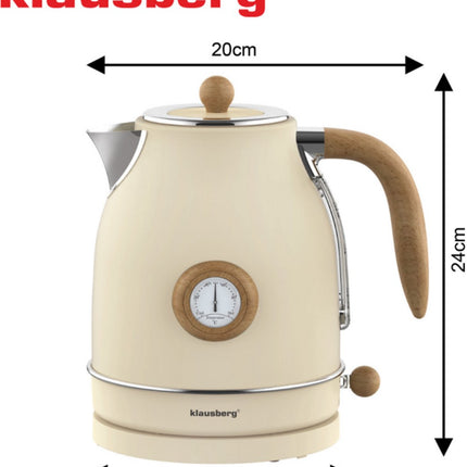 Klausberg KB-9006 Waterkoker 1.7 Liter Retro Design - Analoge Thermometer - 2200W - Ronddraaiende Basis 360° - Roestvrijstaal 304