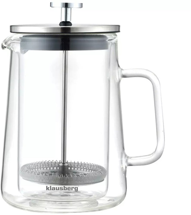 Klausberg KB7685 - Piston Koffie- en Theezetter - 0,60 Liter - Dubbelwandig Glas - RVS en Boorosilicaat Glas - Geschikt voor Koffie, Thee en Kruiden