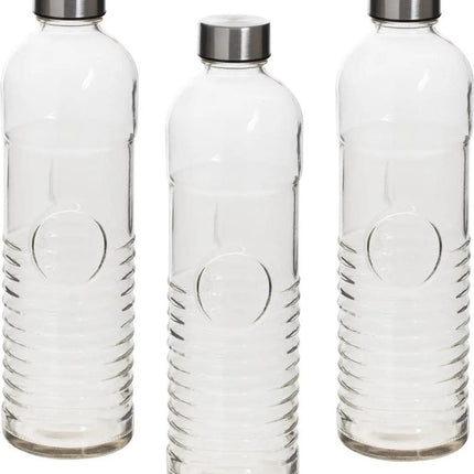 Set van 3x stuks waterflessen/drinkflessen 1 liter van gehard ribbel glas - Glazen drink flessen