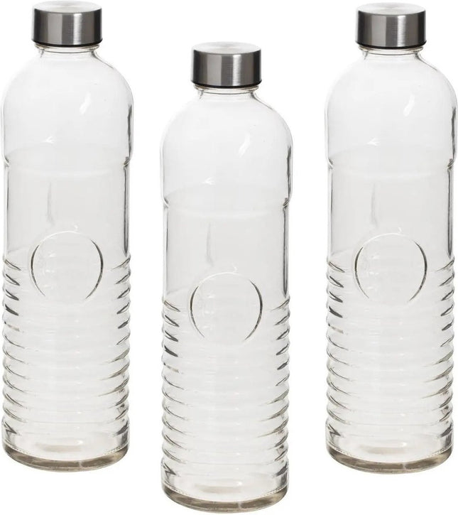 Set van 3x stuks waterflessen/drinkflessen 1 liter van gehard ribbel glas - Glazen drink flessen