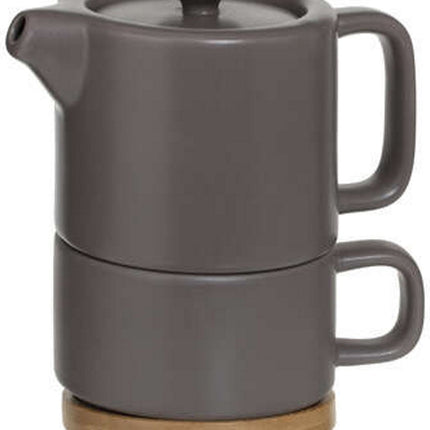 Theepot met kopje in grijze keramiek en bamboe onderzetter, taupe