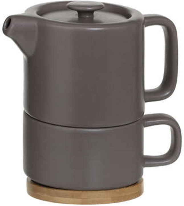 Theepot met kopje in grijze keramiek en bamboe onderzetter, taupe