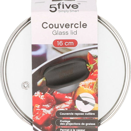 5Five universele pannendeksel voor pannen van 16 cm - glas - stoomgaatje - D17 x H6 cm