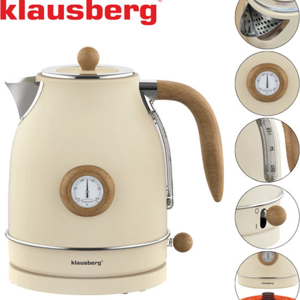 Klausberg KB-9006 Waterkoker 1.7 Liter Retro Design - Analoge Thermometer - 2200W - Ronddraaiende Basis 360° - Roestvrijstaal 304