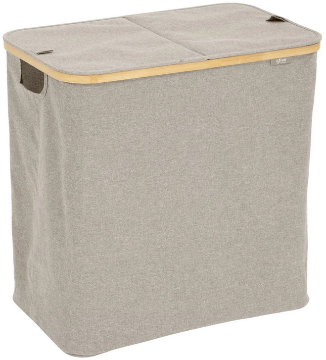 5Five Wasmand dubbel compartiment - polyester - met deksel - beige - 53 x 33 x 54 cm - 80 liter - Tidy Box - Opvouwbaar