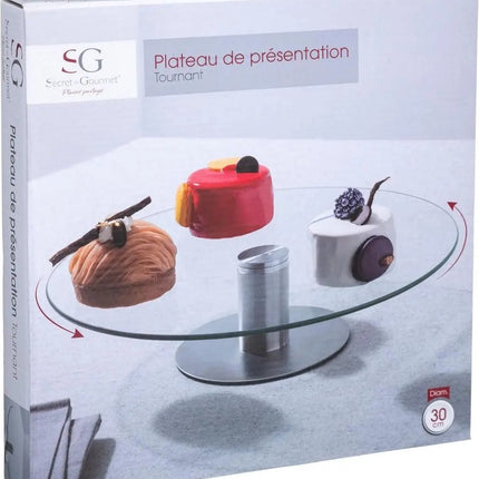 "Secret De Gourmet" Taartplateau Draaibaar | Taartplateau Met Voet | Taartbord | Taart Draaiplateau  | Duurzaam | Glas / RVS | Ø 30cm