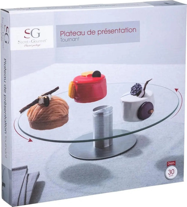 "Secret De Gourmet" Taartplateau Draaibaar | Taartplateau Met Voet | Taartbord | Taart Draaiplateau  | Duurzaam | Glas / RVS | Ø 30cm