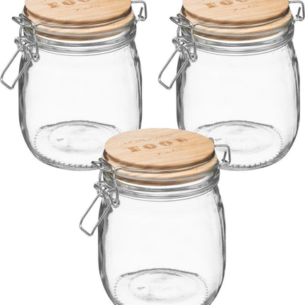 3x stuks voorraadbussen/voorraadpotten 0,75L glas met houten deksel en beugelsluiting - 750 ml - Voorraadpotten met luchtdichte sluiting