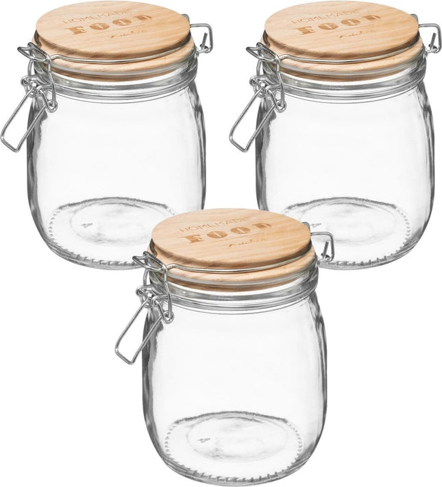 3x stuks voorraadbussen/voorraadpotten 0,75L glas met houten deksel en beugelsluiting - 750 ml - Voorraadpotten met luchtdichte sluiting