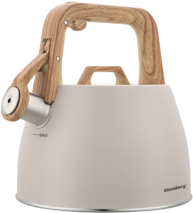 Klausberg 7917 - Fluitketel met fluit - 2.5 liter - RVS - beige - houten handvat
