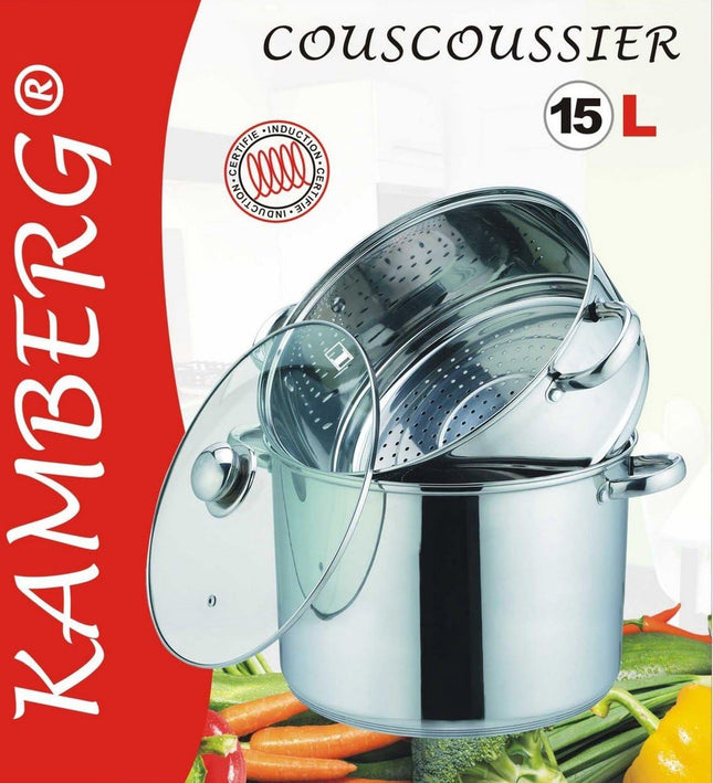 Kamberg - Couscoustop/Stoompan (3-In-1) Diameter 30 Cm 15 Liter Hoogwaardig Roestvrij Staal Met Glazen Deksel Voor Alle Warmtebronnen, Ook Inductie