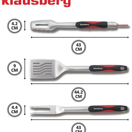 Klausberg KB-7899 Barbecue Set - 3-delige Grillset RVS met Plastic Handvatten (Spatel, Vork & Tang) - Leuke giftset voor de Kamado / Weber liefhebbers!