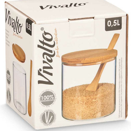 Vivalto Suikerpot Bamboo - glas/bamboe hout - transparant - 12 cm - dispenser met lepel - luxe uitvoering