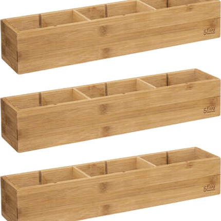 5Five Lade/kast/badkamer organizer - 3x - 3 vaks - L38 x B8 x H7 cm - bamboe hout - lichtbruin - verwijderbare verdelers