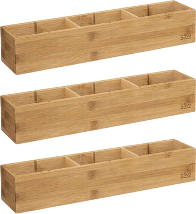 5Five Lade/kast/badkamer organizer - 3x - 3 vaks - L38 x B8 x H7 cm - bamboe hout - lichtbruin - verwijderbare verdelers