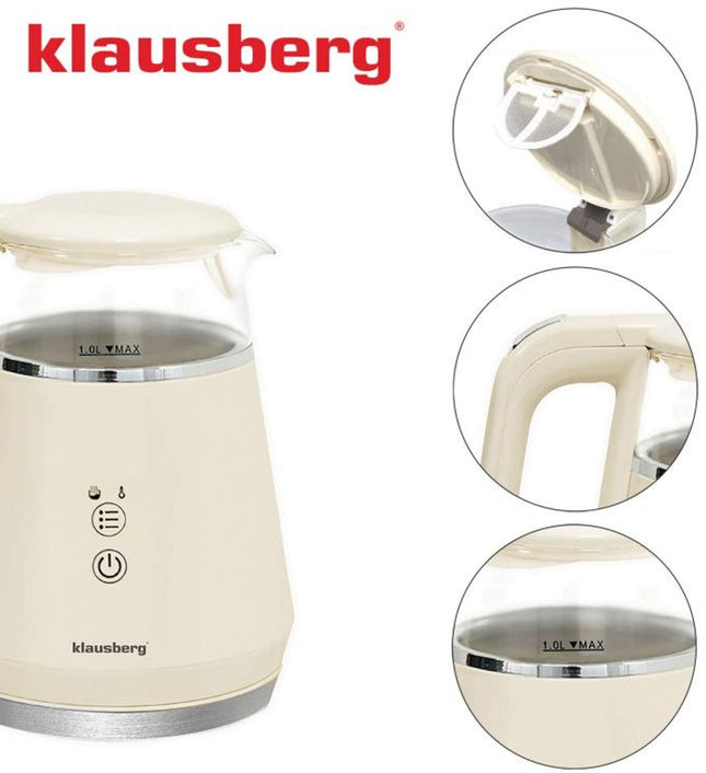 Klausberg KB-7893 Elektrische Waterkoker – 1 Liter, Glazen Ontwerp, LED Bedieningspaneel, 5 Temperatuurstanden, Houd-warmfunctie