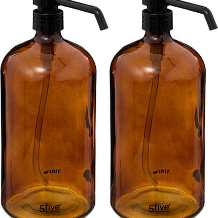 5Five Zeeppompjes/zeepdispensers van glas - 2x stuks - bruin - 1 liter