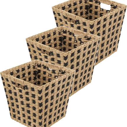 Gevlochten rieten opbergmand - 3x - vierkant - beige/zwart - 31x31x31 cm - Kast-/badkamer mandjes