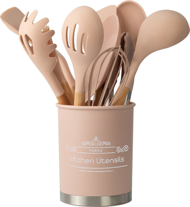 BIKO - Kookgerei - Keukengerei Kitchen Set - 14 delige set - Bamboe hout - Siliconen - BPA vrij - Roze