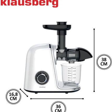 Klausberg Slow Juicer – 150W - 700ml | Cold Press | Groenten en Fruitpers – Met Pulpreservoir | Wit | Stille Horizontale Juicer met 7-Traps Perssysteem